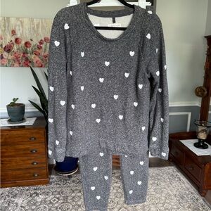 Lou & Grey For Loft Cozy Lounge Set Gray Heart Print Top & Joggers Size M